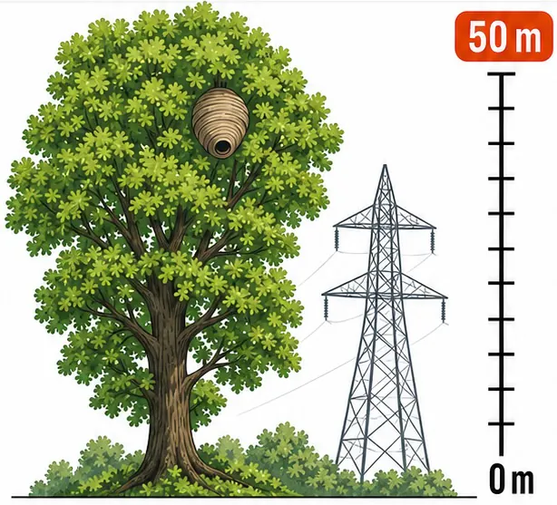 Arbre avec nid en hauteur et pylône électrique